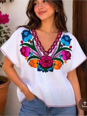 Authentic Handmade 100% White Manta cotton Mexican Embroidered Huipil